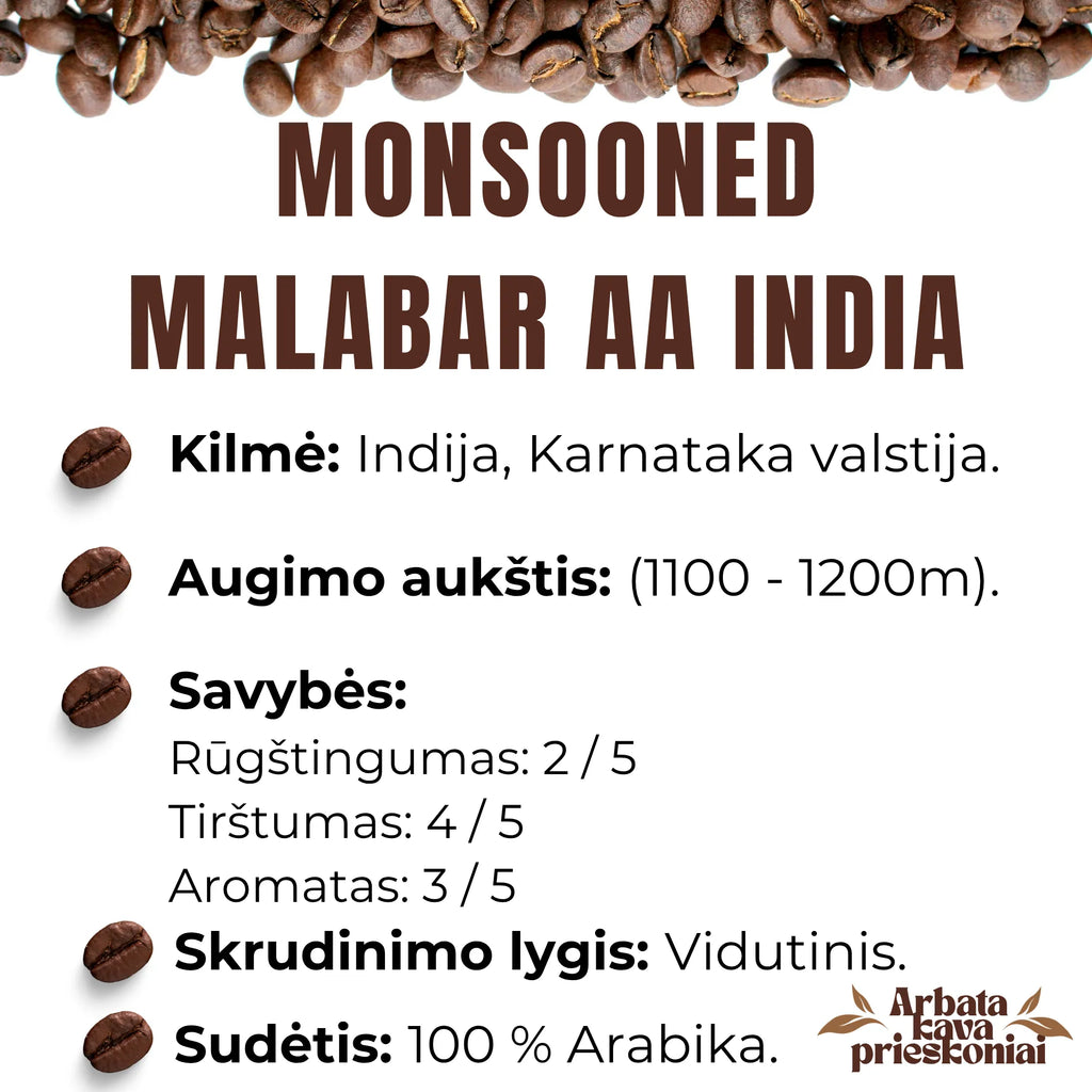 Rūšinės kavos pupelės ,,MONSOONED MALABAR AA INDIA’’